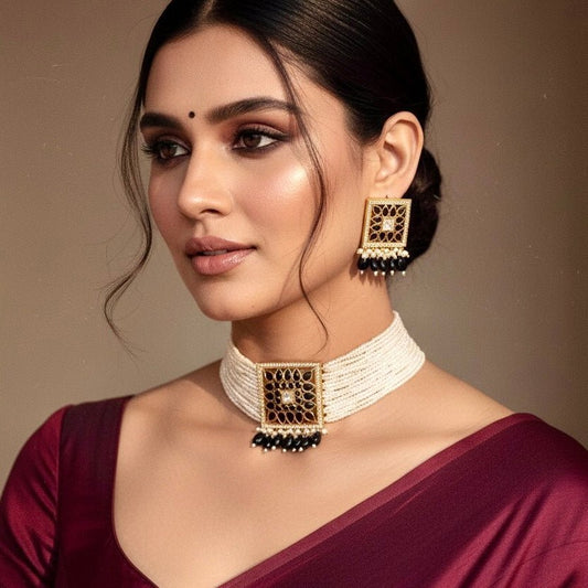 Noir Royalty Kundan Choker Set – Black Onyx Square Design with Pearl Dro