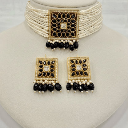Noir Royalty Kundan Choker Set – Black Onyx Square Design with Pearl Dro