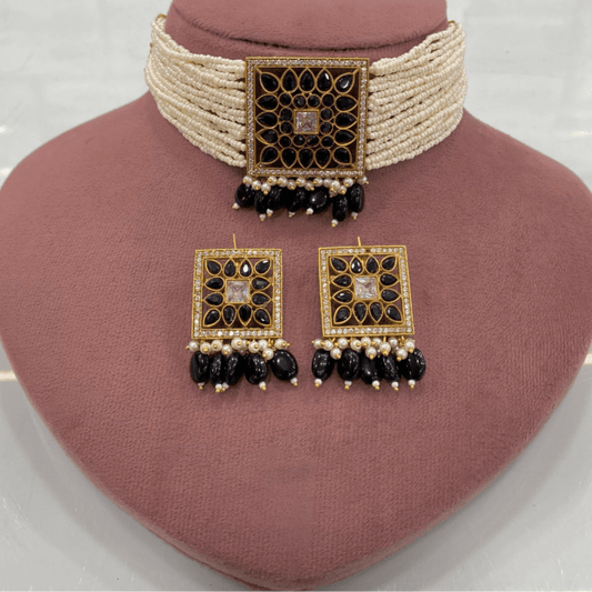 Noir Royalty Kundan Choker Set – Black Onyx Square Design with Pearl Dro