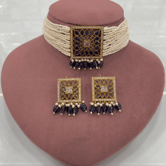 Noor - E - Afreen Pearl Choker Set – Royal Violet Amethyst Editi