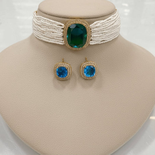 Ocean Prism Moissanite Choker Set – Dual Emerald-Blue Crystal with Ivory Pearl Ban