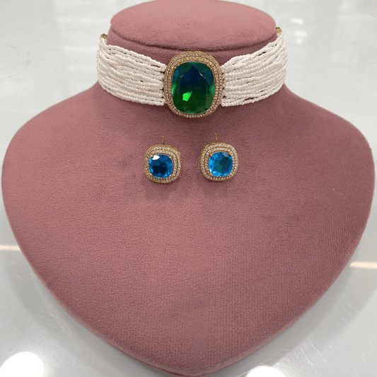 Ocean Prism Moissanite Choker Set – Dual Emerald - Blue Crystal with Ivory Pearl Ban