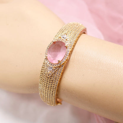 Oval Pink Stone Openable Bracelet – Elegant Gold Kada