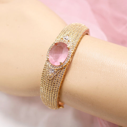 Oval Pink Stone Openable Bracelet – Elegant Gold Kada