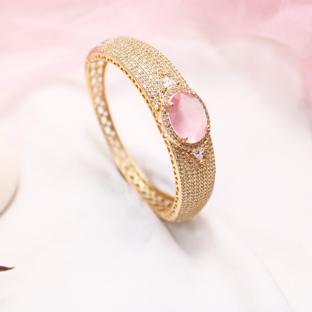 Oval Pink Stone Openable Bracelet – Elegant Gold Kada
