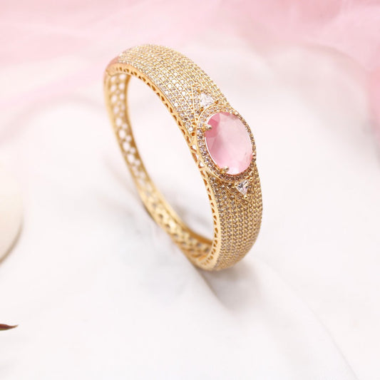 Oval Pink Stone Openable Bracelet – Elegant Gold Kada
