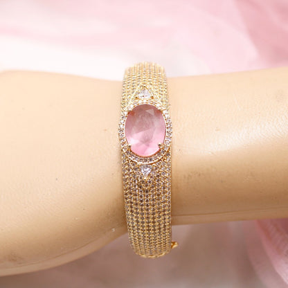 Oval Pink Stone Openable Bracelet – Elegant Gold Kada