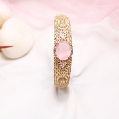 Oval Pink Stone Openable Bracelet – Elegant Gold Kada