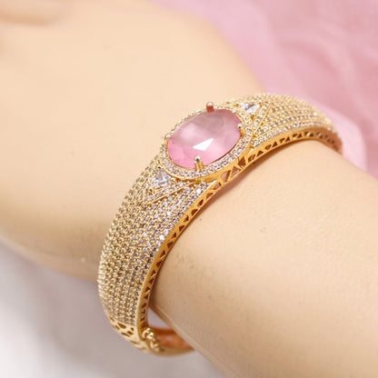 Oval Pink Stone Openable Bracelet – Elegant Gold Kada
