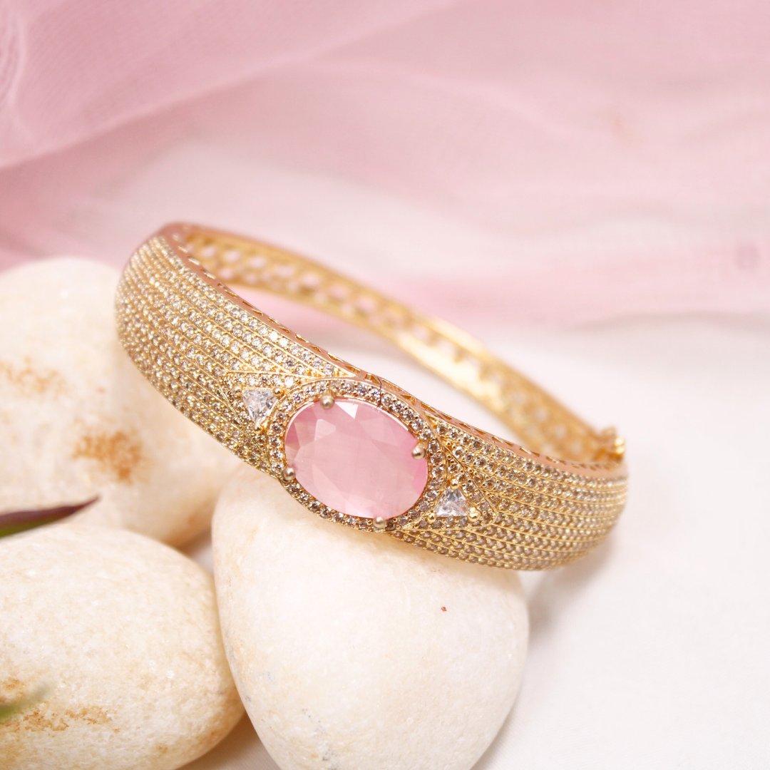 Oval Pink Stone Openable Bracelet – Elegant Gold Kada