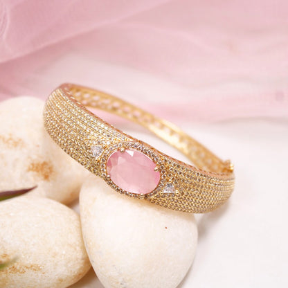 Oval Pink Stone Openable Bracelet – Elegant Gold Kada