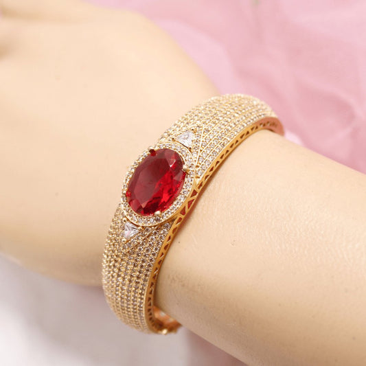 Oval Red Stone Openable Bracelet – Luxury Gold Kada