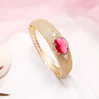 Oval Red Stone Openable Bracelet – Luxury Gold Kada