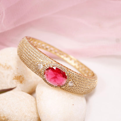 Oval Red Stone Openable Bracelet – Luxury Gold Kada