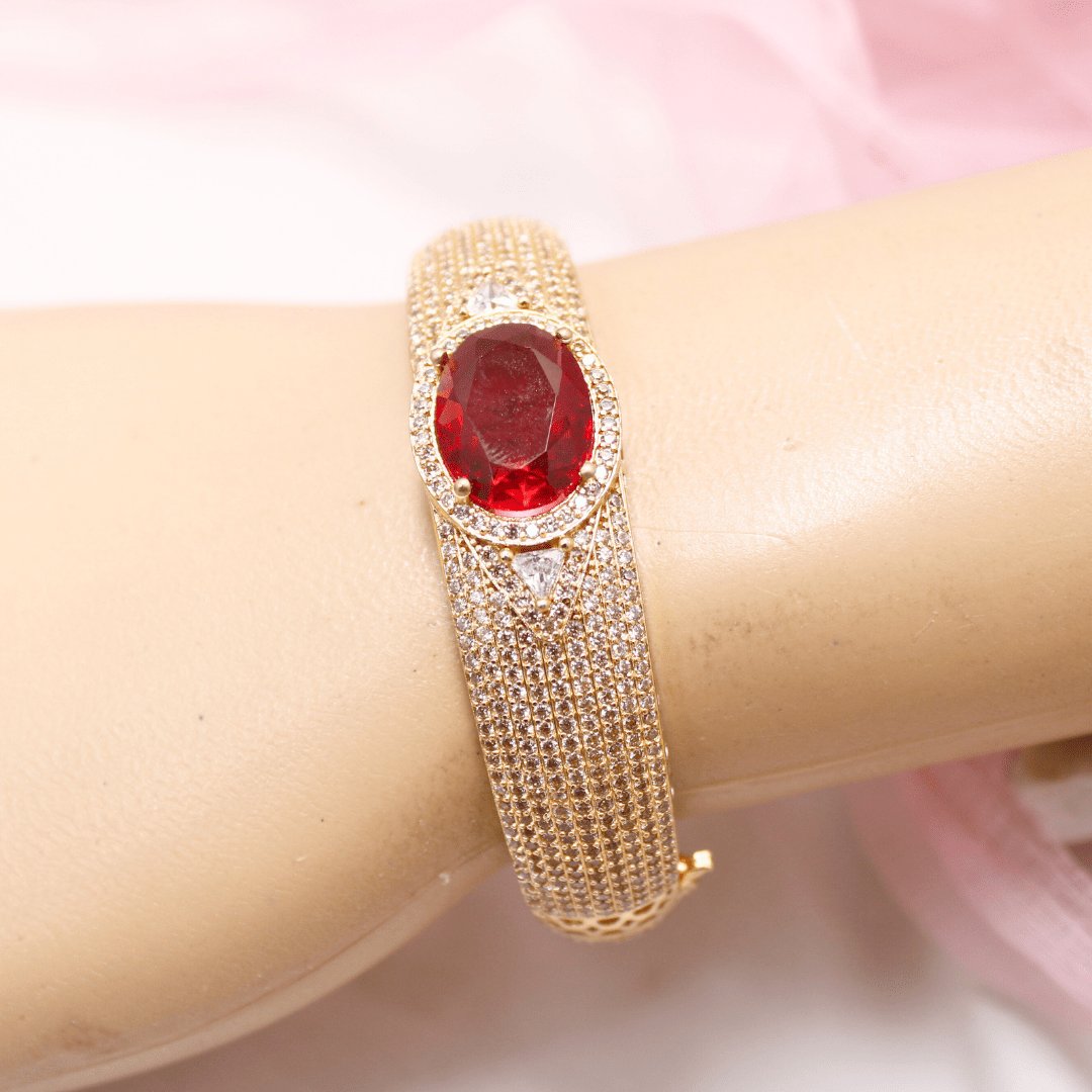 Oval Red Stone Openable Bracelet – Luxury Gold Kada