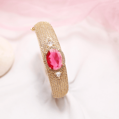 Oval Red Stone Openable Bracelet – Luxury Gold Kada