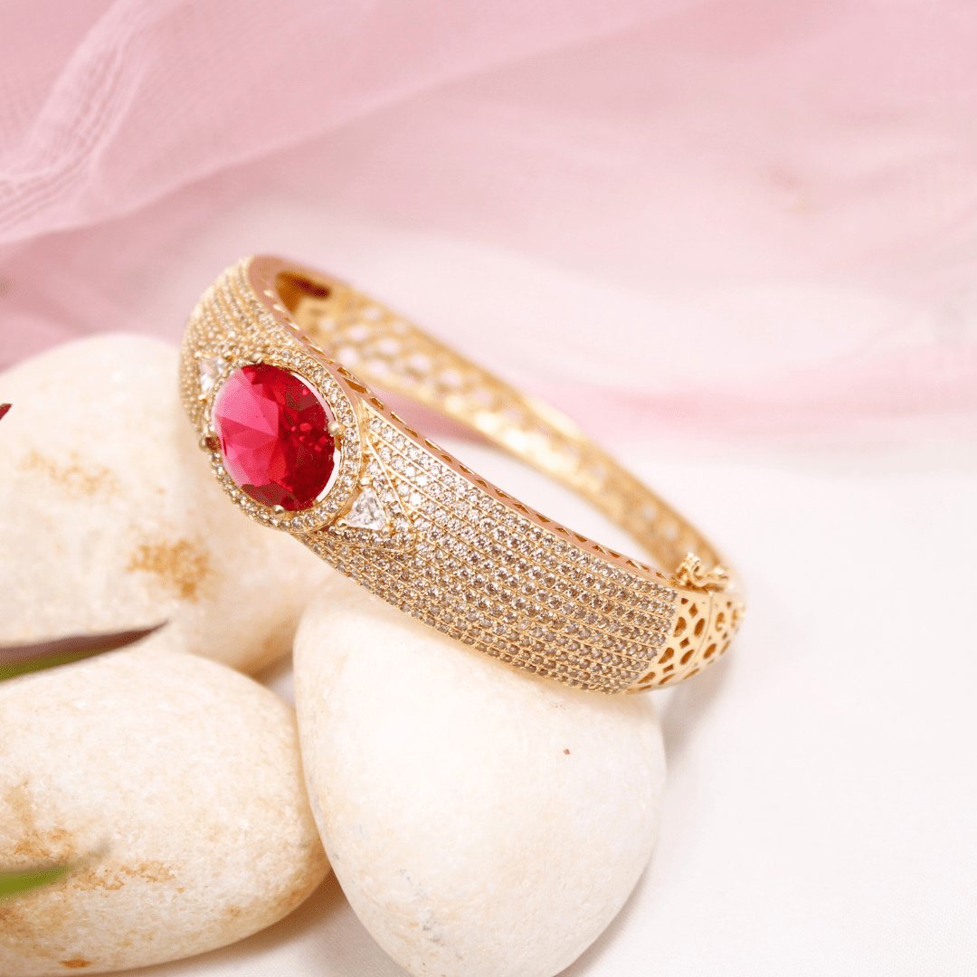 Oval Red Stone Openable Bracelet – Luxury Gold Kada