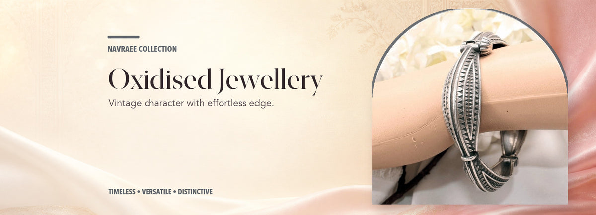 Oxidised Jewellery collection header banner featuring Boho Vintage Look Single Kada-Square Cutwork- Set Of 2