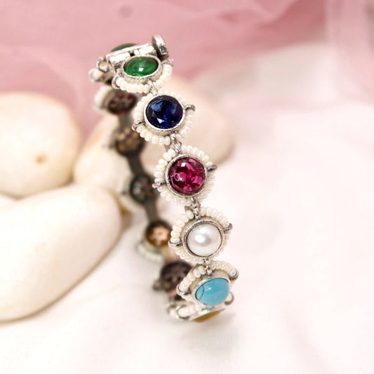 Oxidised Multi - Stone & Pearl Kada – Antique Silver Fini