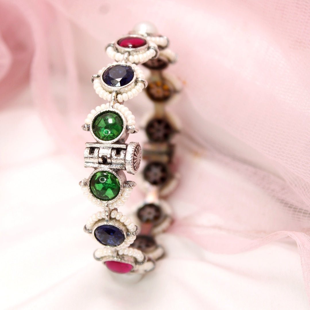 Oxidised Multi - Stone & Pearl Kada – Antique Silver Fini