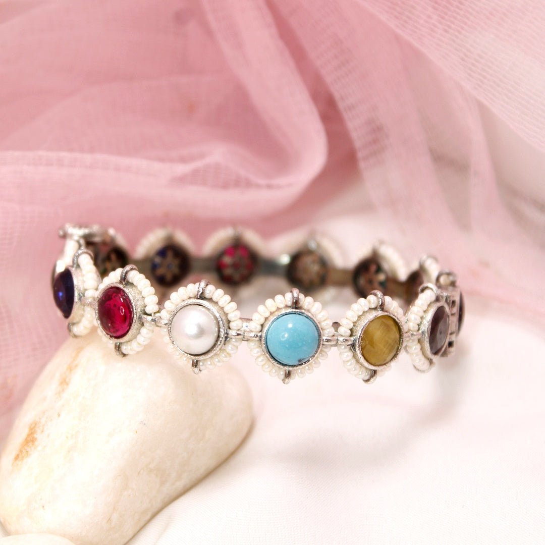 Oxidised Multi - Stone & Pearl Kada – Antique Silver Fini