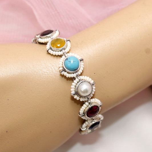 Oxidised Multi - Stone & Pearl Kada – Antique Silver Fini