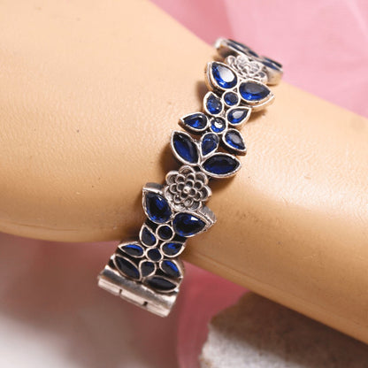 Oxidised Openable Kada with Blue Stone Floral Design