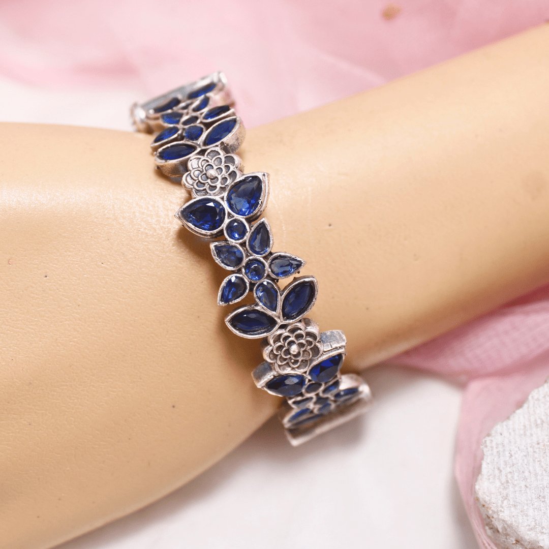 Oxidised Openable Kada with Blue Stone Floral Design