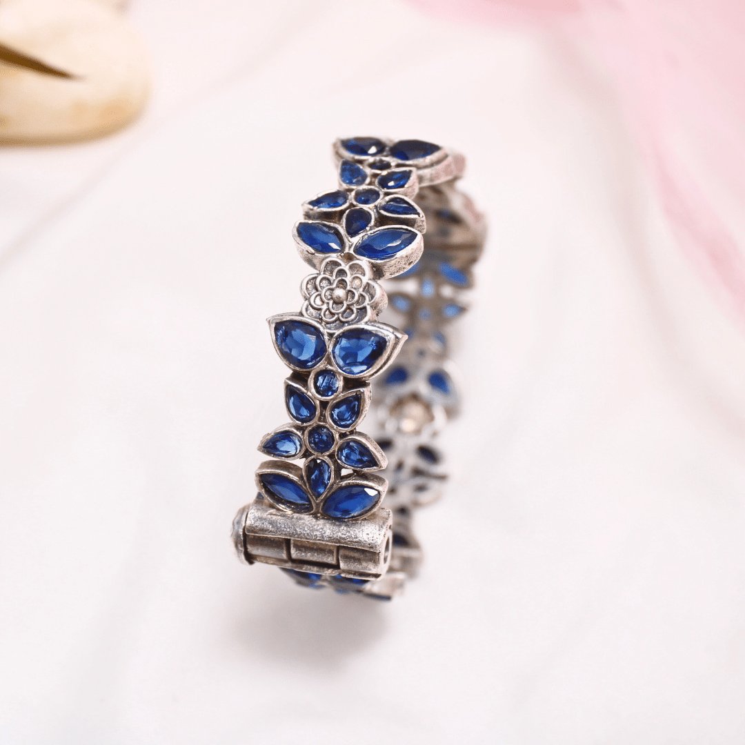 Oxidised Openable Kada with Blue Stone Floral Design