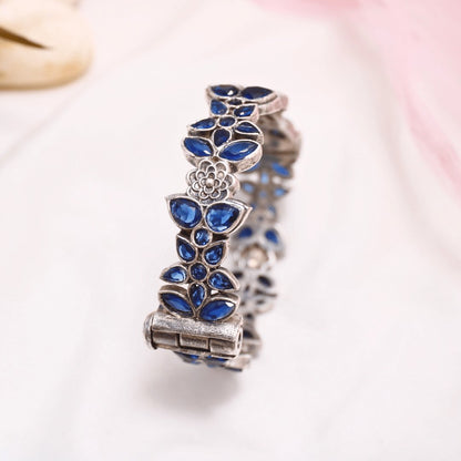 Oxidised Openable Kada with Blue Stone Floral Design