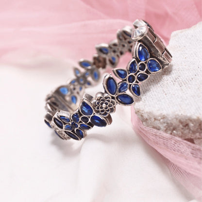 Oxidised Openable Kada with Blue Stone Floral Design