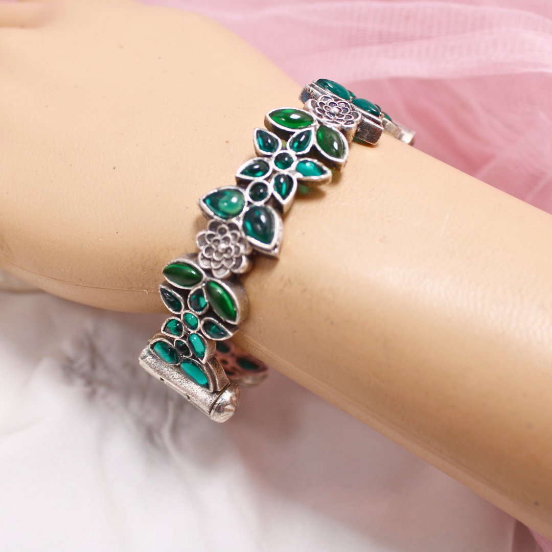Oxidised Openable Kada with Green Stone Floral Design