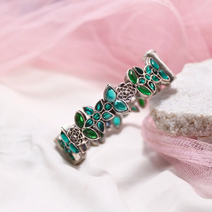 Oxidised Openable Kada with Green Stone Floral Design