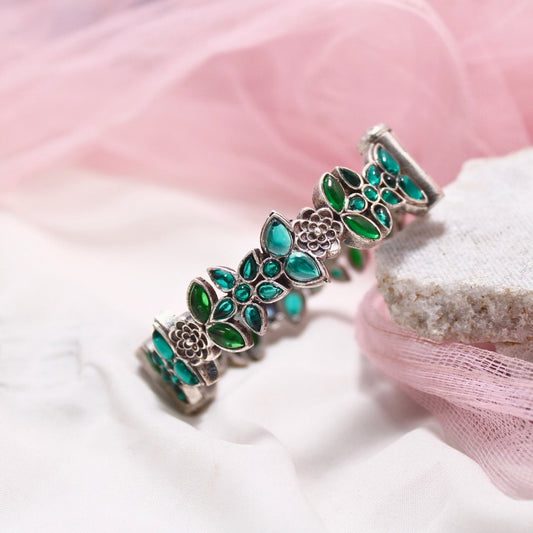 Oxidised Openable Kada with Green Stone Floral Design