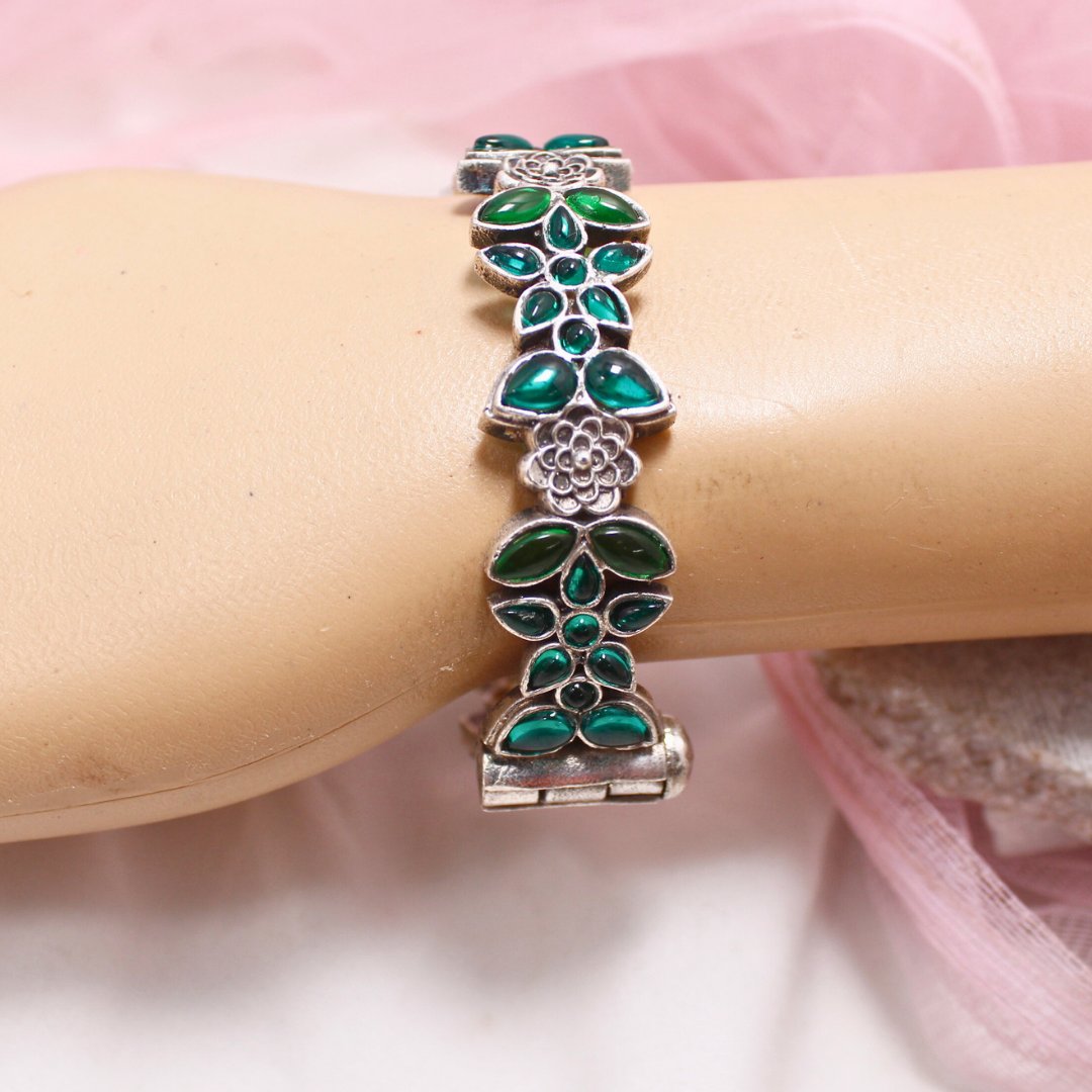 Oxidised Openable Kada with Green Stone Floral Design