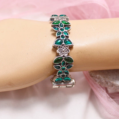 Oxidised Openable Kada with Green Stone Floral Design