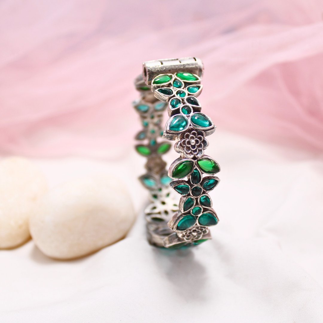 Oxidised Openable Kada with Green Stone Floral Design