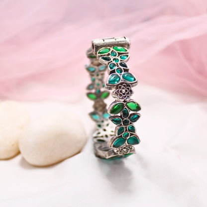 Oxidised Openable Kada with Green Stone Floral Design
