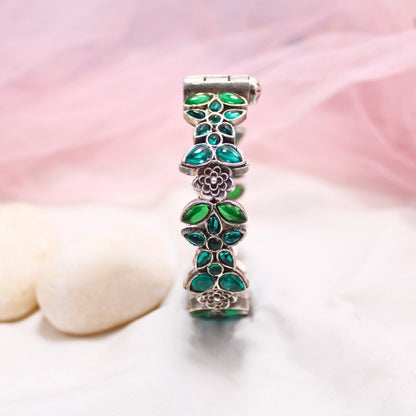 Oxidised Openable Kada with Green Stone Floral Design