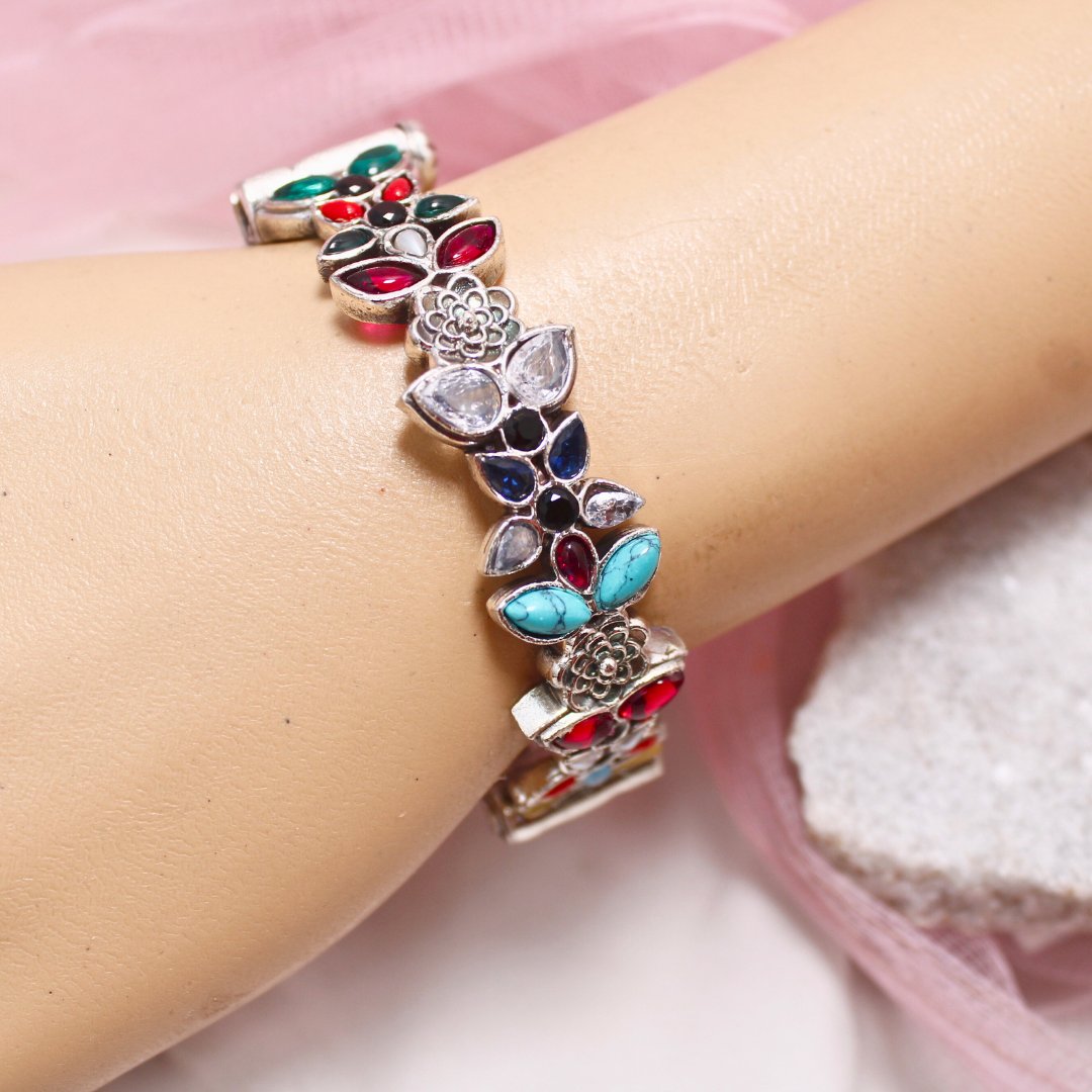Oxidised Openable Kada with Multicolor Stones & Floral Motifs