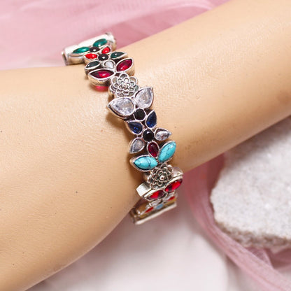 Oxidised Openable Kada with Multicolor Stones & Floral Motifs