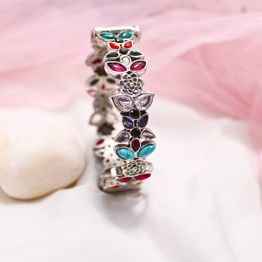 Oxidised Openable Kada with Multicolor Stones & Floral Motifs