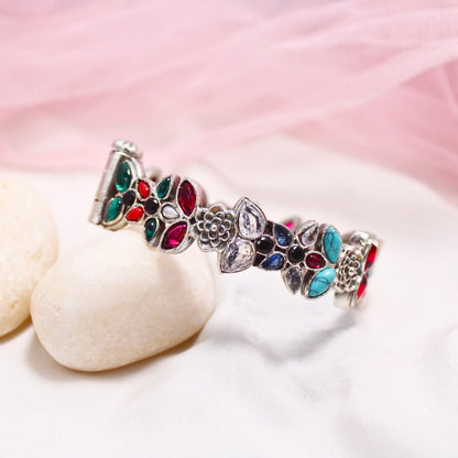 Oxidised Openable Kada with Multicolor Stones & Floral Motifs
