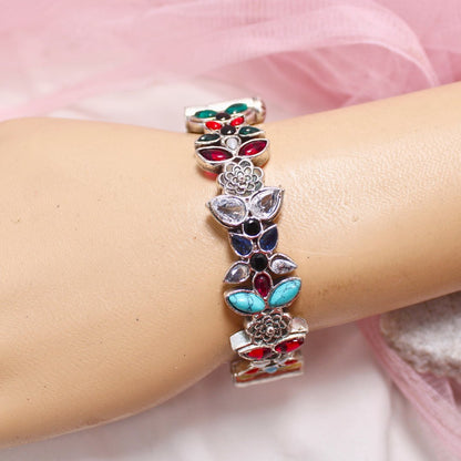 Oxidised Openable Kada with Multicolor Stones & Floral Motifs