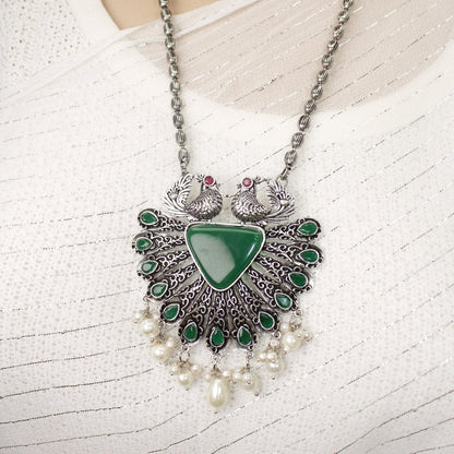PANKH- SILVER LOOK ALIKE PENDANT SET-GREEN