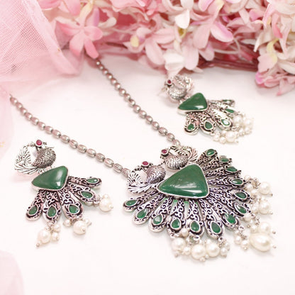 PANKH- SILVER LOOK ALIKE PENDANT SET-GREEN