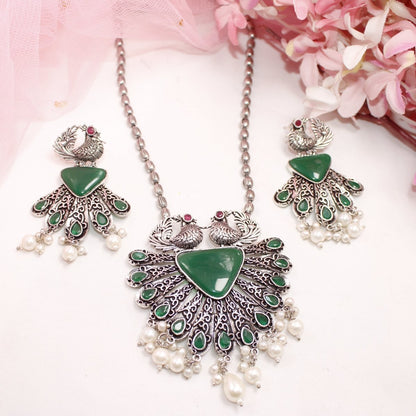 PANKH- SILVER LOOK ALIKE PENDANT SET-GREEN