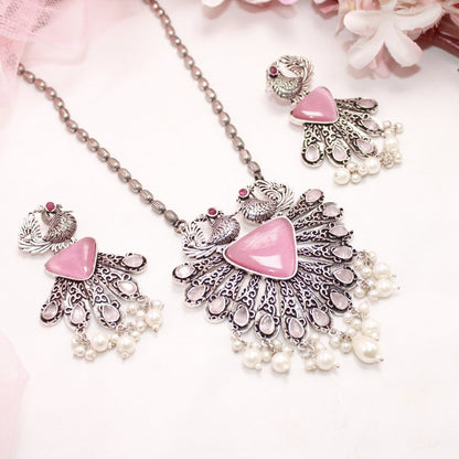 PANKH- SILVER LOOK ALIKE PENDANT SET-PINK