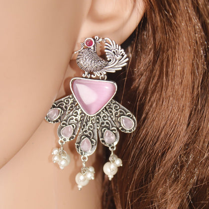 PANKH- SILVER LOOK ALIKE PENDANT SET-PINK