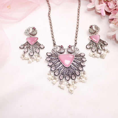 PANKH- SILVER LOOK ALIKE PENDANT SET-PINK